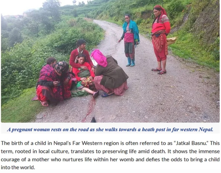 A pregnant woman rests on the roadside while walking toward a health post in Far-Western Nepal, a practice locally called “Jatkal Basnu.”
